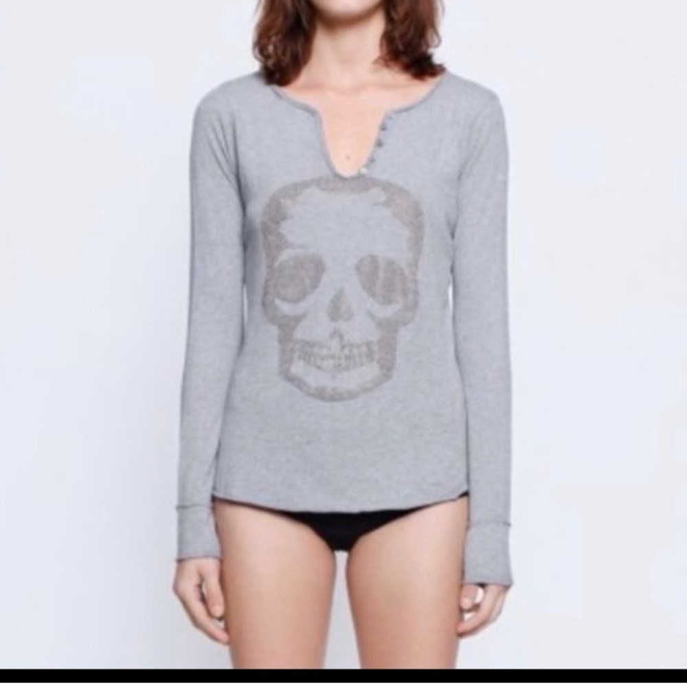 NWT Zadig & Voltaire Long Sleeve Bedazzled skull top grey‎ Gray size Small